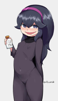 1girl aged_down allbeatnik artist_name black_hair bottle colored_skin covered_erect_nipples dress female_focus hex_maniac_(pokemon) hex_maniac_(pokemon_xy) highres loli milk_bottle navel nintendo pokemon pokemon_xy purple_eyes smile solo source_request tagme white_skin