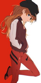 1girl absurdres animal_hat black_hat blue_eyes bodysuit breasts closed_mouth commentary evangelion:_3.0_you_can_(not)_redo eyepatch from_side hair_between_eyes hand_in_pocket hat highres jacket long_hair long_sleeves looking_at_viewer mecha_pilot_suit neon_genesis_evangelion orange_hair plugsuit_(evangelion) profile rebuild_of_evangelion red_bodysuit simple_background solo souryuu_asuka_langley track_jacket two-tone_background wool_bl