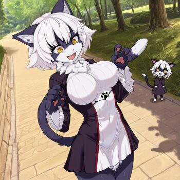 2girls animal_ears animal_hands black_dress breasts brick_floor cait_sith_(monster_girl_encyclopedia) camel_of_crowls cat_ears cat_tail covered_navel dress fang forest frilled_sleeves frills furry furry_female large_breasts looking_at_breasts mini_person minigirl monster_girl monster_girl_encyclopedia monster_girl_encyclopedia_ii multiple_girls nature neck_fur no_pants no_shoes open_mouth path paw_print road short_hair skin_fang smile tail thighs tree two-tone_dress two-tone_fur white_hair yellow_brick_road yellow_eyes