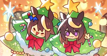 2girls :3 animal_ears blush bow brown_hair candy candy_cane christmas_ornaments christmas_star christmas_tree christmas_tree_costume closed_eyes closed_mouth commentary_request food hair_between_eyes highres horse_ears horse_girl long_hair looking_at_viewer multicolored_hair multiple_girls open_mouth picklehaterx_x purple_eyes red_bow smile streaked_hair symboli_rudolf_(christmas_emperor_tree)_(umamusume) symboli_rudolf_(umamusume) tokai_teio_(umamusume) tree_costume two-tone_hair umamusume white_hair