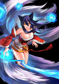 Rule 34 | 1girl, ahri (league of legends), animal ears, bare shoulders, black background, black hair, breasts, cleavage, detached sleeves, facial mark, female focus, fingernails, fox ears, fox tail, korean clothes, large breasts, league of legends, long hair, multiple tails, patipat asavasena, simple background, slit pupils, solo, tail, tongue, tongue out, whisker markings, yellow eyes