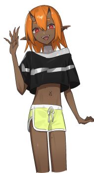 Rule 34 | character request, copyright request, cropped shirt, dark-skinned female, dark skin, demon girl, demon horns, dolphin shorts, hair between eyes, horns, kokekokeimo, looking at viewer, medium hair, oni, open mouth, pointy ears, red eyes, red hair, shorts, simple background, upper body, white background, yellow shorts