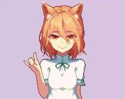 1girl animal_ear_fluff animal_ears animated breasts brown_eyes brown_hair closed_mouth fox_ears fox_shadow_puppet grey_background hair_between_eyes hurumero kudamaki_tsukasa looking_at_viewer pixel_art romper short_hair short_sleeves simple_background smile solo touhou video