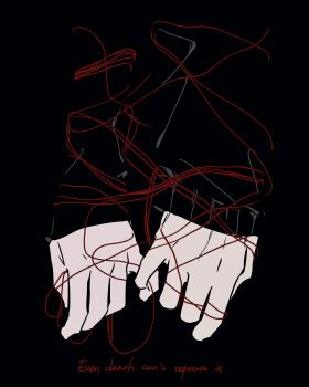 Rule 34 | 1boy, 1girl, absurdres, andrew graves, ashley graves, black background, black shirt, black sweater, brother and sister, commentary, english text, hand focus, highres, holding, holding another's finger, holding string, huachajiangqwq, long sleeves, puffy long sleeves, puffy sleeves, shirt, siblings, simple background, sleeves past wrists, string, sweater, the coffin of andy and leyley, untranslatable commentary