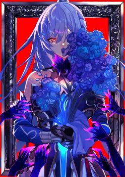 1girl absurdres bare_shoulders black_gloves blue_flower blue_rose breasts detached_sleeves flower flower_over_eye flower_over_mouth framed gloves hair_between_eyes hair_bun half_updo highres holding holding_flower honkai:_star_rail honkai_(series) jingliu_(honkai:_star_rail) large_breasts looking_at_viewer outstretched_hand portrait red_eyes rose sas_(ls08b) solo upper_body white_hair