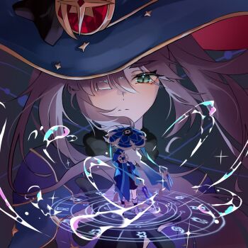 1boy 1girl asymmetrical_bangs black_bow black_gloves black_shorts blue_cape blue_hat blunt_bangs bow cape closed_mouth constellation crescent crescent_hat_ornament eyelashes eyeshadow facing_another falcoperegrine from_behind fur_collar furisode genshin_impact gloves gold gold_trim green_eyes grey_hair hair_between_eyes hand_up hat hat_bow hat_ornament highres japanese_clothes jingasa kimono leg_warmers leotard long_hair looking_at_another magic_circle makeup mandala mini_person miniboy mona_(genshin_impact) open_hand parted_bangs purple_leotard red_eyeshadow scaramouche_(genshin_impact) shorts sidelocks split_mouth standing star_(symbol) star_hat_ornament star_print twintails wanderer_(genshin_impact) water white_kimono white_leg_warmers