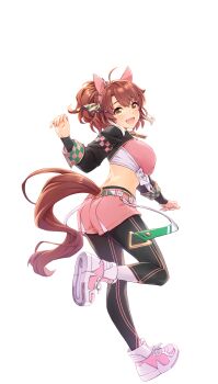 1girl :d ahoge animal_ears black_pants bow breasts brown_hair dantsu_flame_(center_spotlight)_(umamusume) dantsu_flame_(umamusume) ear_covers ear_ribbon from_behind highres horse_ears horse_girl horse_tail large_breasts looking_at_viewer midriff multicolored_hair multicolored_shoes official_art open_mouth pants pink_shoes pink_shorts shoes short_hair shorts smile solo tail transparent_background two-tone_hair two-tone_shoes umamusume white_background white_shoes yellow_eyes