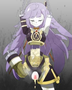 1girl absurdres aftersex artificial_vagina censored chain closed_eyes closed_mouth collar commentary_request cracked_skin cum cum_in_container cum_in_pussy cumdrip duel_monster facing_viewer galatea-i_the_orcust_automaton galatea_the_orcust_automaton gem highres humanoid_robot ib_(yu-gi-oh!) joints long_hair mosaic_censoring purple_hair pussy robot robot_girl robot_joints see-through_body sex_toy smile solo steam stray_pubic_hair urasuka yu-gi-oh!