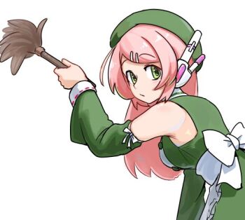 1girl apron beret dress green_dress green_eyes green_hat green_sleeves hair_ornament hairclip hat holding lace lace-trimmed_dress lace_trim long_hair looking_back maid momone_momo open_mouth pink_hair robot_ears saruyama_ushirou simple_background sleeve_bow solo unconventional_maid utau white_apron white_background