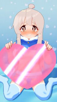 1girl ahoge bikini bikini_bottom_only blue_bikini blue_capelet blue_thighhighs blush brown_eyes capelet commentary fur-trimmed_capelet fur-trimmed_thighhighs fur_collar fur_trim garter_straps grey_hair grin happyundergate heart highres long_hair looking_at_viewer no_shoes onii-chan_wa_oshimai! oyama_mahiro sitting smile snowing solo swimsuit thighhighs wariza