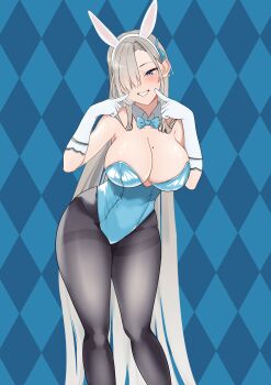 1girl absurdres animal_ear_hairband animal_ears asuna_(blue_archive) asuna_(bunny)_(blue_archive) bare_shoulders blonde_hair blue_archive blue_bow blue_bowtie blue_eyes blue_leotard blush bow bowtie breasts cleavage detached_collar fake_animal_ears gloves grin hair_over_one_eye hair_ribbon hairband hand_on_own_face highleg highleg_leotard highres large_breasts leotard long_hair looking_at_viewer mole mole_on_breast no_halo nonokuro_no96 pantyhose rabbit_ear_hairband rabbit_ears ribbon smile solo thighband_pantyhose very_long_hair white_gloves