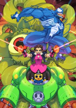 1girl absurdres bodysuit brooch capcom claws commentary crotch_plate dual_wielding earrings energy_gun english_commentary highres holding jewelry long_tongue marvel marvel_vs._capcom marvel_vs._capcom_2 mecha mega_man_(series) mega_man_legends_(series) monster muscular muscular_male one-eyed pantyhose ray_gun robot saliva servbot_(mega_man) sharp_teeth shuma_gorath skull_brooch skull_earrings spider-man_(series) symbiote teeth tentacles tongue tovio_rogers tron_bonne_(mega_man) venom_(marvel) weapon