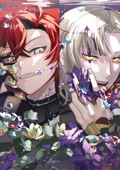 2boys :d absurdres air_bubble black_gloves black_shirt blonde_hair blue_flower blunt_ends bubble clematis_(flower) commentary crossed_bangs curtained_hair ear_piercing english_commentary facial_mark flower forget-me-not_(flower) gloves green_eyes green_flower grin hair_between_eyes hand_up highres holding holding_flower holostars holostars_english leaf looking_at_viewer machina_x_flayon magni_dezmond male_focus multicolored_eyes multiple_boys naizou_bug open_mouth orange_eyes parted_bangs piercing platanus portrait patterned_hair purple_flower purple_hair purple_nails red_hair shirt short_hair smile split_screen teeth underwater vambraces virtual_youtuber yellow_eyes