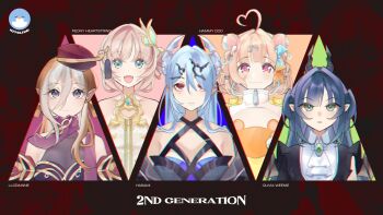 Rule 34 | 5girls, :3, :d, ahoge, animal ears, ascot, bare shoulders, black dress, blue eyes, breasts, brown hair, character name, cleavage, column lineup, commentary, dress, earphones, english commentary, english text, flat chest, grey hair, hair bun, hamster ears, hamster girl, heart, heart ahoge, highres, hito'ri (maruhito), hito (maruhito), large breasts, long hair, looking at viewer, multiple girls, open mouth, orange dress, orange hair, original, parted lips, pink eyes, pink hair, red eyes, see-through cleavage, see-through clothes, shrug (clothing), single side bun, sleeveless, sleeveless dress, smile, strapless, strapless dress, turtleneck, turtleneck shrug, two side up, virtual youtuber, white ascot, white dress, white shrug