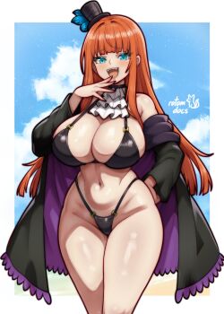 1girl absurdres artist_name bikini black_bikini black_hat blue_eyes blue_sky blunt_bangs blush breasts cleavage cloud commission cowboy_shot fangs hand_on_own_hip hand_up hat highres huge_breasts ko-fi_commission large_breasts long_hair long_sidelocks looking_at_viewer mini_hat o-ring o-ring_bikini open_mouth orange_hair original rotomdocs sideboob sidelocks signature sky smile smug solo swimsuit top_hat