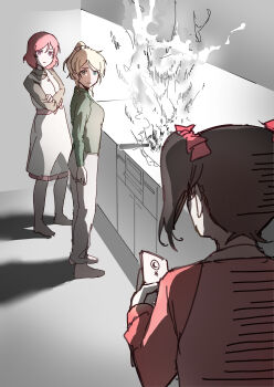 3girls absurdres arms_at_sides ayase_eli bibi_(love_live!) black_hair blonde_hair blue_eyes bow burning cellphone chocolate_making_disaster_(meme) commentary cooking crossed_arms dress expressionless fire from_behind frying_pan full_body green_shirt grey_sweater greyscale hair_bow high_ponytail highres holding holding_phone inazuma_(elect_line) kitchen long_hair long_skirt long_sleeves looking_at_another love_live! love_live!_school_idol_project medium_hair meme monochrome monochrome_background multiple_girls nishikino_maki pants partially_colored phone pinafore_dress ponytail purple_eyes red_bow red_hair red_shirt shirt short_hair short_twintails simple_background skirt sleeveless sleeveless_dress smartphone sweater turtleneck turtleneck_sweater twintails white_dress yazawa_nico