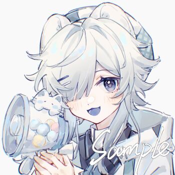 1boy :d animal_ears bai_li_xuan black_shirt blue_eyes blue_hat blunt_bangs blush collared_shirt fang hair_over_one_eye hat holding holding_megaphone looking_at_viewer male_focus megaphone open_mouth original portrait sample_watermark shirt simple_background smile solo watermark white_background