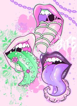 artist_logo barbed_tongue bdsm bondage bound chain colored_tongue commentary disembodied_mouth dripping english_commentary floral_background flower ghoulkiss green_flower green_outline green_rope green_tongue gums highres logo monster_girl mouth_focus multicolored_tongue open_mouth original outline paint_splatter pastel_colors pink_background pink_flower pink_lips pink_outline purple_lips purple_outline purple_tongue rope saliva shibari slime_(substance) smile sparkle spiked teeth tentacle_tongue tentacles tongue tongue_out