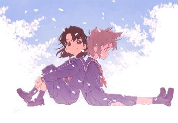 2girls blue_sailor_collar blue_skirt closed_mouth expressionless full_body key_the_metal_idol kuriyagawa_sakura long_sleeves mima_tokiko multiple_girls neckerchief official_art pleated_skirt sailor_collar school_uniform serafuku short_hair skirt smile spiked_hair tanaka_kunihiko