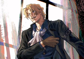 1boy ascot black_coat blonde_hair blue_eyes blue_shirt brown_gloves coat collared_shirt commentary_request gloves highres indoors insect_candy looking_ahead male_focus one_piece open_mouth sabo_(one_piece) scar scar_on_face shirt short_hair smile solo upper_body white_ascot