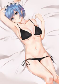 1girl acent_s armpits bikini black_bikini black_ribbon blue_eyes blue_hair collarbone commentary_request hair_ornament highres looking_at_viewer lying on_back open_mouth re:zero_kara_hajimeru_isekai_seikatsu rem_(re:zero) ribbon short_hair solo swimsuit