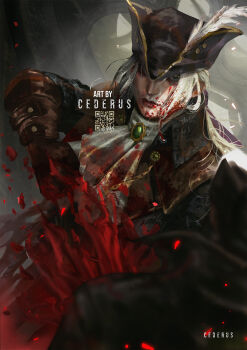 1girl ascot blonde_hair blood bloodborne blue_eyes cape cederus coat gem gloves hat hat_feather highres holding hunter_(bloodborne) lady_maria_of_the_astral_clocktower long_hair looking_at_viewer ponytail tricorne white_hair