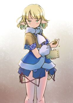 1girl arm_warmers beans blonde_hair blue_skirt blush box brown_background brown_shirt commentary_request feet_out_of_frame food frown gradient_background green_eyes grey_arm_warmers grey_scarf holding holding_box holding_food knees looking_at_viewer masu mizuhashi_parsee pointy_ears rangycrow scarf shirt short_sleeves skirt solo thighs touhou