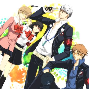 Rule 34 | 2boys, 2girls, amagi yukiko, atlus, black hair, breasts, brown hair, cosplay, dutch angle, glasses, grey hair, hanamura yousuke, iori junpei, iori junpei (cosplay), jacket, junpei iori, junpei iori (cosplay), kirijou mitsuru, kirijou mitsuru (cosplay), kneehighs, long hair, multiple boys, multiple girls, narukami yu, pants, persona, persona 3, persona 4, ponchizamurai, ribbon, satonaka chie, sitting, skirt, socks, spiked hair, standing, takeba yukari, takeba yukari (cosplay), yuuki makoto (cosplay), yuuki makoto (persona 3)