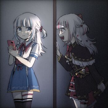 2girls akai_haato akai_haato_(1st_costume) akai_haato_(gothic_lolita) akai_haato_(cosplay) axe blue_eyes blue_hair bow bowtie cameo commentary cosplay dark dark_persona dress dual_persona frilled_dress frills gawr_gura gothic_lolita haaton_(akai_haato) hair_bow hair_ornament heart heart_hair_ornament himuhino holding holding_axe holding_phone hololive hololive_english light_trail lolita_fashion looking_at_another multicolored_hair multiple_girls open_mouth phone pink_hair red_eyes reflect_(gawr_gura) shadow sharp_teeth silver_hair skirt split_screen streaked_hair sweat tearing_up teeth thigh_strap thighhighs virtual_youtuber zettai_ryouiki