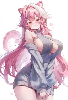 1girl animal_ears bare_shoulders blush breasts closed_mouth commentary detached_sleeves grey_sleeves grey_sweater hair_intakes heart highres hololive hololive_english large_breasts long_hair long_sleeves looking_at_viewer multicolored_hair panther_ears panther_girl panther_tail pink_hair raora_panthera simple_background sleeves_past_wrists smile solo streaked_hair sweater tail teru_(s2_teru) thighs virgin_killer_sweater virtual_youtuber white_background yellow_eyes