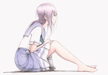 1girl absurdres barefoot bbmasa blue_sailor_collar blue_serafuku blue_skirt commentary_request from_side full_body gradient_background green_neckerchief grey_background hibike!_euphonium highres kasaki_nozomi kitauji_high_school_uniform liz_to_aoi_tori long_hair neckerchief pleated_skirt profile purple_hair sailor_collar school_uniform serafuku shirt short_sleeves sitting skirt solo summer_uniform traditional_media white_shirt