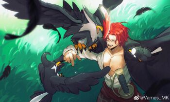 1boy absurdres animal_on_arm bare_pectorals bird bird_on_arm black_cape cape closed_eyes crossover evolutionary_line feathers gen_4_pokemon grass highres long_sleeves male_focus nintendo one_piece open_mouth pectorals pokemon red_hair scar scar_across_eye scar_on_face shanks_(one_piece) shirt sparse_stubble staraptor staravia starly sword vamos_mk weapon white_shirt