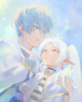 Rule 34 | 1boy, 1girl, blue eyes, blue hair, capelet, commentary, earrings, elf, english commentary, frieren, highres, himmel (sousou no frieren), hug, jewelry, long hair, looking at another, looking up, meme, nadenadesuki, open mouth, pointy ears, short hair, sousou no frieren, twintails, upward angle frieren drawing (meme), white capelet, white hair