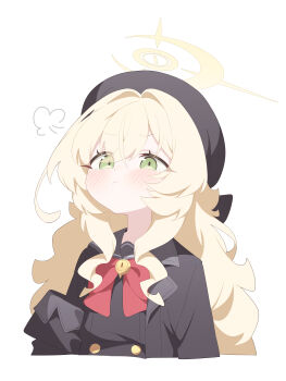 1girl :t absurdres black_coat black_hat black_serafuku blonde_hair blue_archive buttons coat commentary_request furrowed_brow green_eyes halo hat highres honi_(honi1010) korean_commentary long_hair neck_ribbon professor_niyaniya_(blue_archive) ribbon school_uniform serafuku side_ahoge simple_background solo tears upper_body white_background yellow_halo