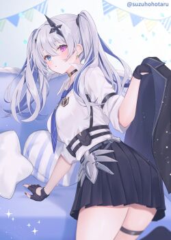 Rule 34 | 1girl, :o, armored skirt, black choker, black gloves, black skirt, blue eyes, blue necktie, blush, breasts, chest harness, choker, collared shirt, couch, cross, cross-shaped pupils, cross hair ornament, cushion, earrings, fingerless gloves, gloves, grey hair, hair ornament, harness, heterochromia, highres, inverted cross, jacket, jewelry, large breasts, long hair, long sleeves, looking at viewer, looking back, necktie, neo-porte, pink eyes, pleated skirt, shirt, skirt, sleeves rolled up, solo, suzuho hotaru, symbol-shaped pupils, tentei forte, tentei forte (2nd costume), thigh strap, thighs, triangle earrings, twintails, twitter username, virtual youtuber, white shirt