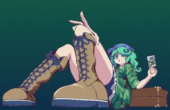 Rule 34 | 1girl, bike shorts, boots, brown boots, commentary request, foreshortening, green eyes, green hair, green jacket, grin, jacket, knee boots, looking at viewer, medium hair, photo (object), pixel art, sitting, smile, solo, suitcase, touhou, yado taityou, yamashiro takane