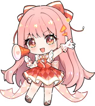 +_+ 1girl argyle_bow argyle_clothes argyle_skirt back_bow bare_legs bare_shoulders beads bow bowtie brooch brown_eyes brown_shoes cherilynorz chibi chinese_commentary collared_shirt commentary_request dress_shirt eyelashes floral_memory_(infinity_nikki) frilled_gloves frilled_shirt frills gloves hair_bow happy heart high-waist_skirt highres holding holding_megaphone infinity_nikki jewelry kfc light_blush long_hair looking_at_viewer megaphone miniskirt nikki_(nikki) nikki_(series) notice_lines official_alternate_color open_mouth outstretched_arm pink_bow pink_hair pleated_skirt red_bow red_bowtie red_skirt shirt shoes single_stripe skirt sleeveless sleeveless_shirt smile socks solo sparkling_eyes standing star_(symbol) star_in_eye straight_hair striped_bow striped_bowtie striped_clothes symbol_in_eye tareme transparent_background variant_set very_long_hair white_gloves white_shirt white_socks