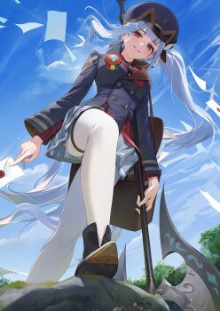 Rule 34 | 1girl, ame (uten cancel), axe, battle axe, black hat, black jacket, blue sky, commentary request, day, envelope, floating hair, freesia (stella sora), from below, grey skirt, hat, highres, holding, holding axe, holding envelope, jacket, long hair, looking at viewer, miniskirt, outdoors, pantyhose, pinstripe pattern, pinstripe shirt, red eyes, red shirt, shirt, side ponytail, skirt, sky, smile, standing, stella sora, weapon, white hair, white pantyhose