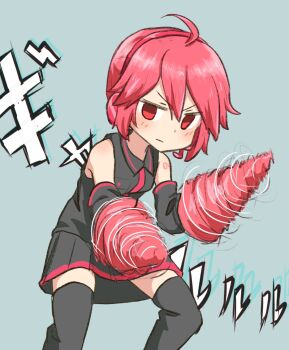 1girl ahoge aqua_background bare_shoulders black_shirt black_skirt black_sleeves black_thighhighs commentary cowboy_shot detached_hair detached_sleeves drill_hair drill_hand dual_wielding fighting_stance hair_focus headphones highres holding kasane_teto kasane_teto_(utau) light_frown looking_at_viewer miniskirt motion_lines pleated_skirt red_eyes red_hair sagami_sagari shirt short_hair shoulder_tattoo skirt sleeveless sleeveless_shirt solo tattoo thighhighs translated twin_drills utau v-shaped_eyebrows zettai_ryouiki