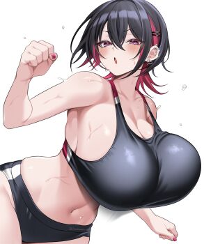 1girl :o absurdres bare_arms bare_shoulders black_buruma black_hair blue_eyes blush bouncing_breasts breasts buruma cleavage clenched_hands collarbone colored_inner_hair earrings hair_between_eyes hair_ornament hairclip hand_up heart heart_earrings highres huge_breasts hz_(666v) jewelry kobeni-chan_(hz_(666v)) looking_at_viewer midriff mole mole_on_collarbone multicolored_eyes multicolored_hair nail_polish navel original red_eyes red_hair red_nails short_hair simple_background solo spiked_ear_piercing sports_bra strap_gap sweat twitter_username two-tone_eyes v-shaped_eyebrows white_background