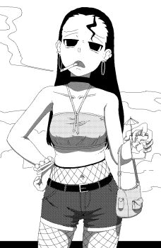 1girl bag bare_shoulders bead_bracelet beads belt bracelet breasts cameltoe choker cigarette commentary contrapposto covered_navel cowboy_shot crop_top cup death_by_lolis deko_(death_by_lolis) ear_piercing earclip earrings english_commentary fishnet_pantyhose fishnets glass greyscale halterneck hand_on_own_hip handbag holding holding_bag holding_cup hoop_earrings jewelry midriff monochrome multiple_bracelets original pantyhose piercing short_sleeves small_breasts smoke smoking solo