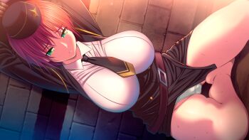 Rule 34 | 1girl, arms up, bare legs, black coat, black skirt, bound, breasts, coat, game cg, garrison cap, green eyes, hat, helena (zettai jotei toshi), large breasts, m&amp;m (mickey and mackey), necktie, panties, red hair, sitting, skirt, thighs, underwear, white panties, zettai jotei toshi