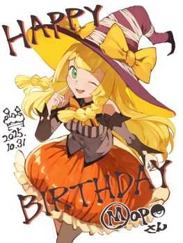 ;d blonde_hair bow braid commentary_request dated dress english_text gara_(qbeuxvii22) gift_art green_eyes halloween_costume happy_birthday hat hat_bow highres index_finger_raised lillie_(pokemon) long_hair long_sleeves nintendo one_eye_closed open_mouth pokemon pokemon_sm smile twin_braids white_background witch_hat yellow_bow