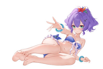 1girl absurdres azur_lane barefoot bikini blush feet green_eyes highres javelin_(azur_lane) long_hair looking_at_viewer negi_kome purple_hair smile soles swimsuit toes white_background