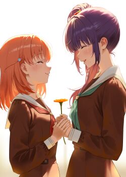 Rule 34 | 2girls, absurdres, aqua neckerchief, blush, brown dress, cerise bouquet, closed eyes, commentary request, crying, dress, enu illustip, flower, from side, gerbera, hasu no sora school uniform, highres, hinoshita kaho, holding, holding flower, holding hands, link! like! love live!, long hair, long sleeves, love live!, medium hair, multiple girls, neckerchief, open mouth, orange hair, otomune kozue, purple hair, red neckerchief, sailor collar, sailor dress, school uniform, smile, upper body, white sailor collar, winter uniform, yuri