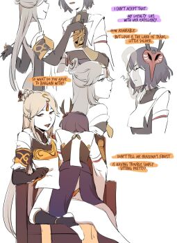 2girls arms_up bare_shoulders blowing blowing_smoke chair china_dress chinese_clothes chinese_hairpin closed_eyes detached_sleeves dildo dress elbow_gloves femdom genshin_impact giving gloves grey_hair holding holding_paper holding_smoking_pipe jewelry kujou_sara long_hair mask mask_on_head multiple_girls ningguang_(genshin_impact) open_mouth paper parted_bangs purple_hair pussy_juice red_eyes sex_toy short_hair sidelocks sitting sitting_on_lap sitting_on_person smile smoke smoking_pipe speech_bubble strap-on talking teires_(teir3s) white_background yuri