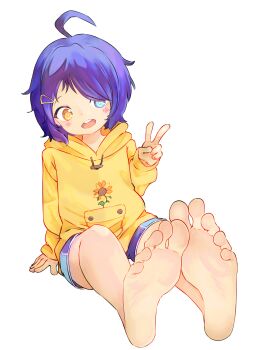 1girl ahoge barefoot blue_hair blush chaosexceed child feet foot_focus foreshortening heterochromia highres hood hoodie loli ooto_ai open_mouth simple_background soles teeth toes upper_teeth_only v white_background wonder_egg_priority yellow_hoodie