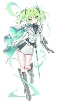 1girl armored_boots belt black_belt black_shirt boots brooch closed_mouth collared_shirt commentary_request daimi_94 full_body gauntlets gloves green_eyes hair_between_eyes highres jacket jewelry korean_commentary leg_up long_bangs long_sleeves looking_at_viewer medium_hair miniskirt multicolored_hair neck_ribbon pleated_skirt purple_eyes ribbon shirt simple_background single_gauntlet single_glove skirt smile solo standing standing_on_one_leg stellive streaked_hair sword twintails virtual_youtuber weapon white_background white_gloves white_jacket white_ribbon white_skirt wing_collar yuzuha_riko