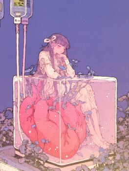 0_11xx 1girl arm_ribbon dress heart_(organ) highres ice ice_cube intravenous_drip original plant purple_hair ribbon sleeping sleeping_upright surreal symbolism veins what white_dress white_footwear