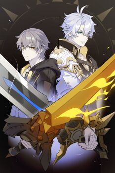 Rule 34 | 2boys, absurdres, angry, antenna hair, armor, behind another, blue eyes, brown background, caelus (honkai: star rail), coat, commentary, dragonslayerggs, english commentary, fire, frown, glowing, glowing sword, glowing weapon, grey hair, hair between eyes, high collar, highres, holding, holding sword, holding weapon, honkai: star rail, honkai (series), hood, hood down, long sleeves, looking at viewer, multiple boys, parted lips, phainon (honkai: star rail), shoulder armor, sword, trailblazer (honkai: star rail), upper body, weapon, white hair, yaoi, yellow eyes